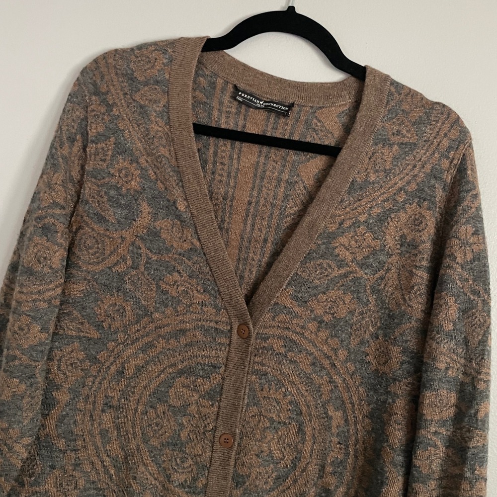 Peruvian Connection Cardigan Womens Large Brown Alpaca Silk Damask Long Boho